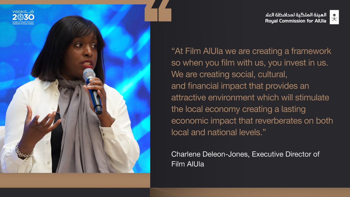 filmalula's tweet photo. Charlene Deleon-Jones, Executive Director of @FilmAlUla, at #FII6 on a panel hosted by The Cultural Development Fund alongside Bob Simonds, Founder Chairman & CEO #STXentertainment, on the power of boosting the regional film industry to secure long-term impact. #ImpactonHumanity https://t.co/wgEJVRk5W4