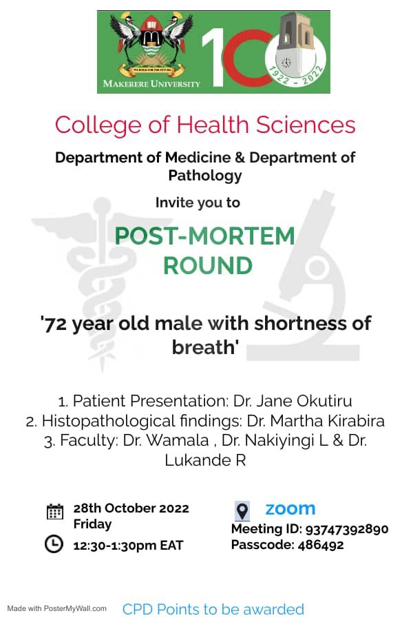 Post mortem session will be on this Friday at 12:30pm, see poster for details. Cc ⁦@MakSurgResident⁩ ⁦@MakCHS_SOM⁩ ⁦@MakerereCHS⁩ ⁦@AnaesthesiaMak⁩ ⁦@IDIMakerere⁩ ⁦@Lung_Institute⁩ ⁦@LukandeRobert⁩ ⁦@Rejani18658859⁩