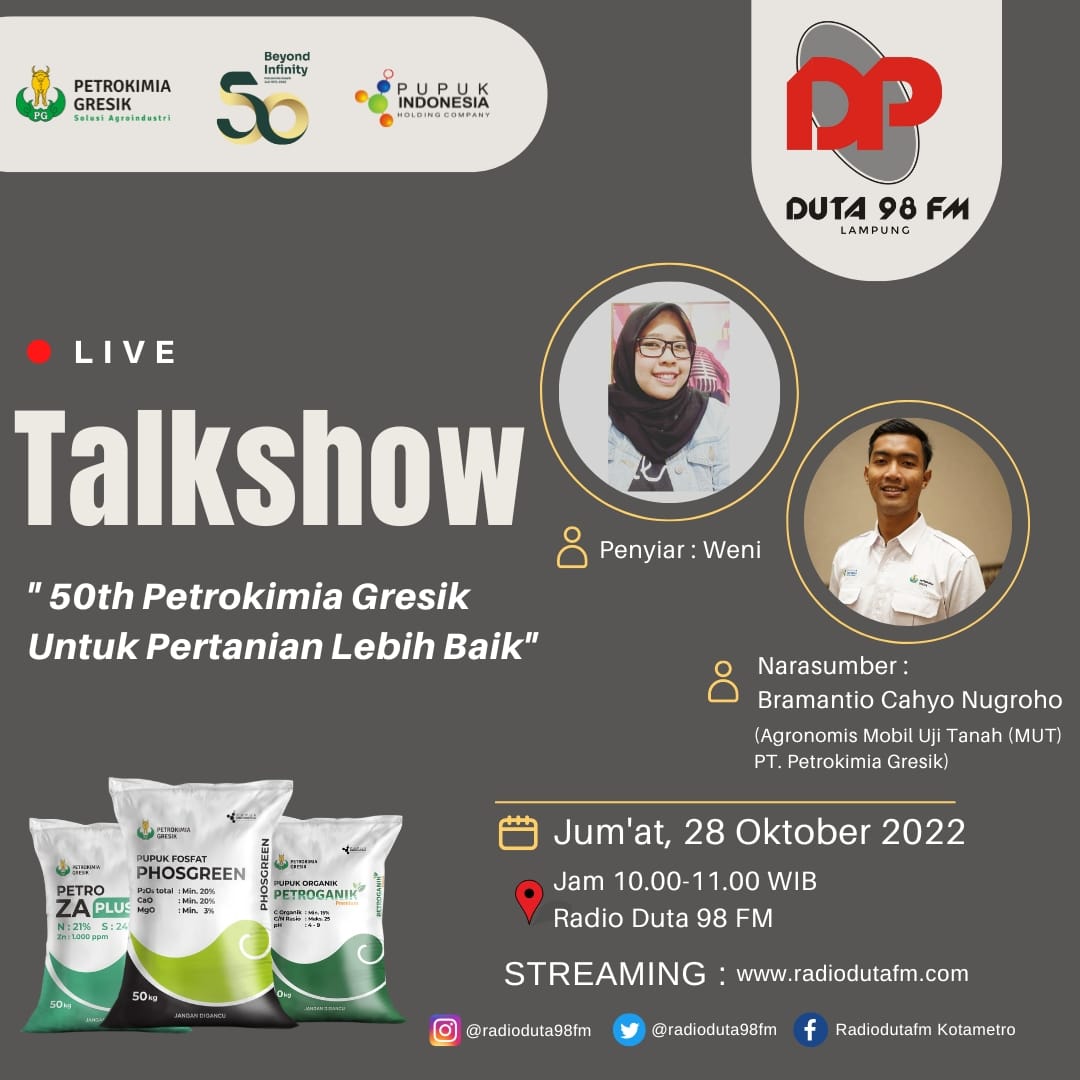 RadioDuta98fm's tweet photo. Talkshow bersama @petrogresik Jumat 28 Oktober 2022 pkl. 10.00-11.00 WIB hanya di @RadioDuta98fm Kota Metro, Lampung https://t.co/O2Tg1zGGIy