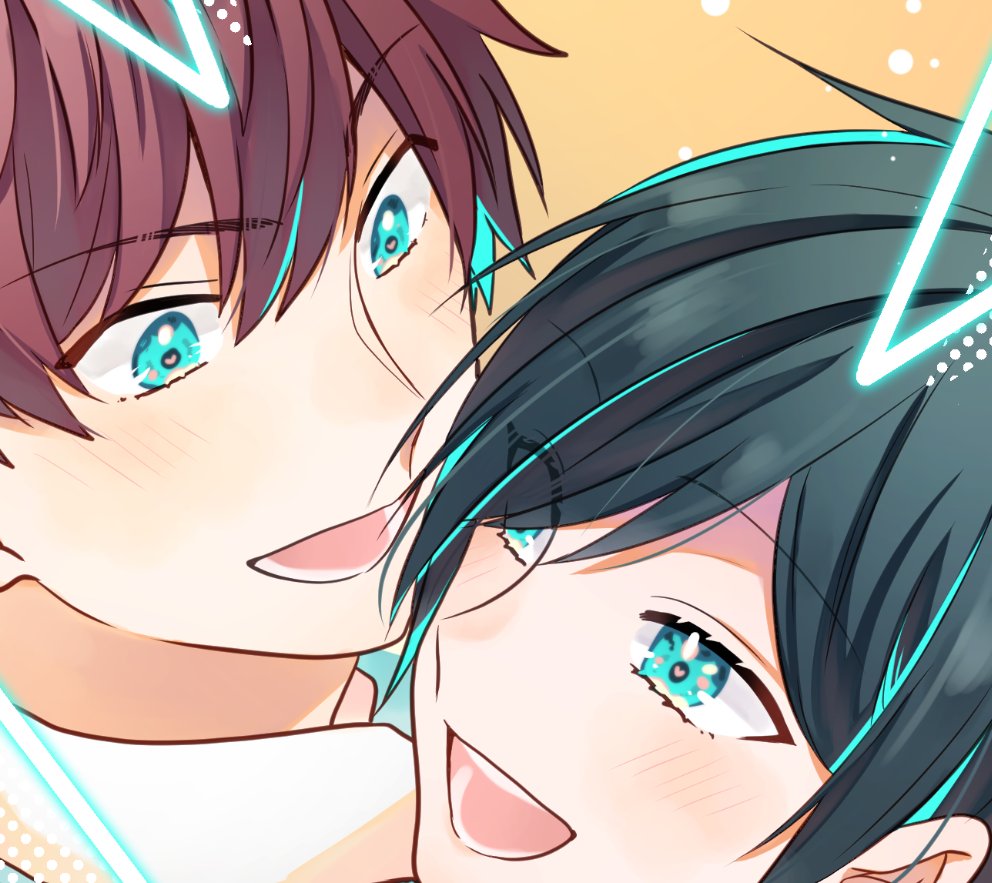 multiple boys 2boys brown hair male focus smile black hair blue eyes  illustration images