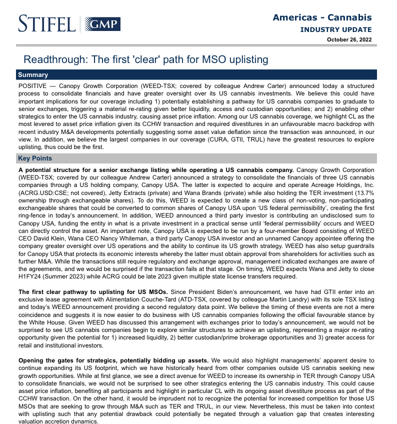 Stifel on 🇺🇸 #cannabis 🌿 'The first 'clear' path for MSO up-listing' 'Opening the gates for strategics, potentially bidding up assets.' full report: stifel2.bluematrix.com/sellside/Email…