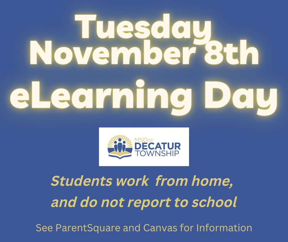 MSD Decatur (@msddecatur) on Twitter photo Reminder: Mark your calendars for Tuesday Nov. 8th (Election Day), which will be an eLearning Day for all Decatur Township Schools. #DecaturProud @DecaturTwpSupt <a href="/Steph_Hofer/">Dr. Stephanie Hofer</a> <a href="/DCHS_hawks/">Decatur Central</a> <a href="/DmsHawks1/">Decatur Middle School</a> <a href="/DTSExcellence/">DTSE</a> <a href="/SD_Eagles/">Stephen Decatur Elementary</a> <a href="/wntigers/">West Newton Tigers</a> <a href="/DELCBlue/">Blue Academy</a> <a href="/DELC_Gold/">Gold Academy</a> @lynwood_school <a href="/VMVikes/">Valley Mills</a> Reminder: Mark your calendars for Tuesday Nov. 8th (Election Day), which will be an eLearning Day for all Decatur Township Schools. #DecaturProud @DecaturTwpSupt <a href="/Steph_Hofer/">Dr. Stephanie Hofer</a> <a href="/DCHS_hawks/">Decatur Central</a> <a href="/DmsHawks1/">Decatur Middle School</a> <a href="/DTSExcellence/">DTSE</a> <a href="/SD_Eagles/">Stephen Decatur Elementary</a> <a href="/wntigers/">West Newton Tigers</a> <a href="/DELCBlue/">Blue Academy</a> <a href="/DELC_Gold/">Gold Academy</a> @lynwood_school <a href="/VMVikes/">Valley Mills</a>