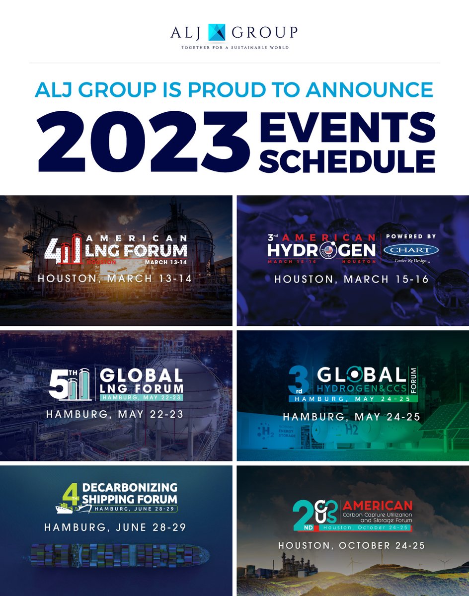 ALJEvents's tweet photo. 2023 events schedule released!
More information at  https://t.co/95BFOkQsYE
Contact info@alj-group.com to receive your early bird discount!🌎🌍🌏 #energy #shipping #events #sustainability https://t.co/qcN1JpsjDf