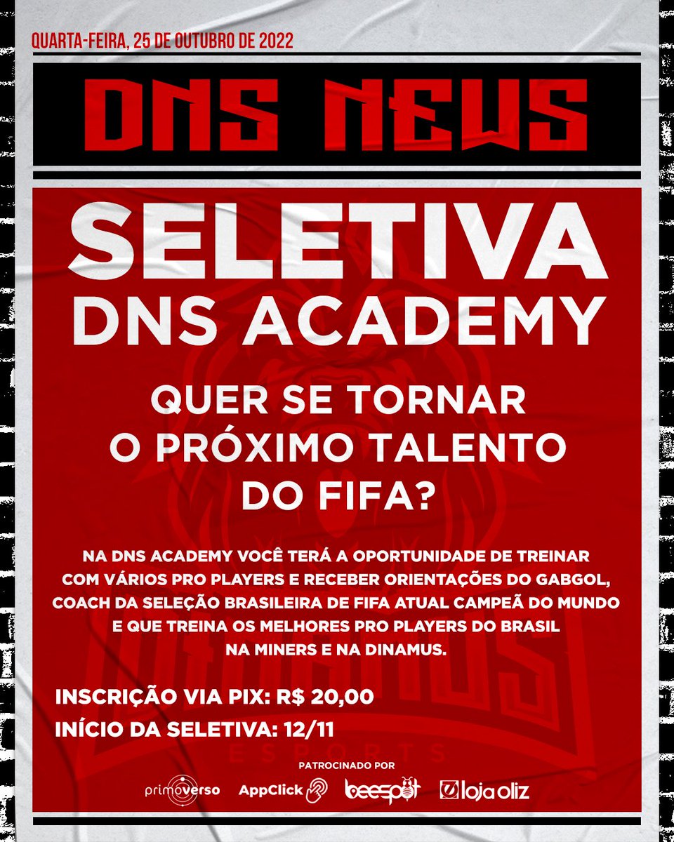 Dinamusesports's tweet photo. Sonha em ser a próxima revelação da Dinamus?
Chegou a sua hora, nossa seletiva está aberta e a chance de ser treinado pelo Coach da seleção brasileira está batendo na sua porta. Se inscreva até dia 09/11 para ter uma chance de entrar para a nossa academy!🦁🔴⚫️
Link abaixo 👇 https://t.co/LvyCI4ZTl2