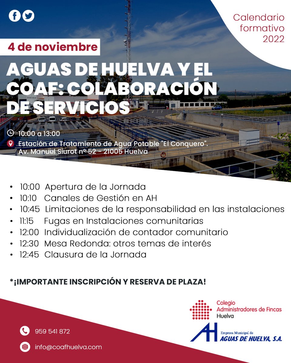👉📣 𝗦𝗔𝗩𝗘 𝗧𝗛𝗘 𝗗𝗔𝗧𝗘 - 𝟰 𝗗𝗘 𝗡𝗢𝗩𝗜𝗘𝗠𝗕𝗥𝗘. 📅👏
🤝🌊 Será una mañana formativa y de convivencia la semana próxima: '𝗔𝗚𝗨𝗔𝗦 𝗗𝗘 𝗛𝗨𝗘𝗟𝗩𝗔 𝗬 𝗘𝗟 𝗖𝗢𝗔𝗙: 𝗖𝗢𝗟𝗔𝗕𝗢𝗥𝗔𝗖𝗜𝗢́𝗡 𝗗𝗘 𝗦𝗘𝗥𝗩𝗜𝗖𝗜𝗢𝗦'. 
#suministros #AguasdeHuelva #fugas #formación