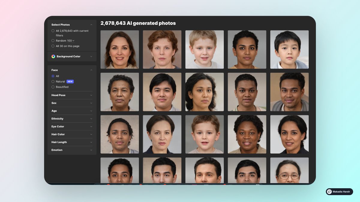 MakadiaHarsh's tweet image. 5. Generated Photos
Unique, worry-free model photos.
Enhance your creative works with photos generated completely by AI. 
Find model images through our sorted and tagged app, or integrate images via API.
🔗 generated.photos