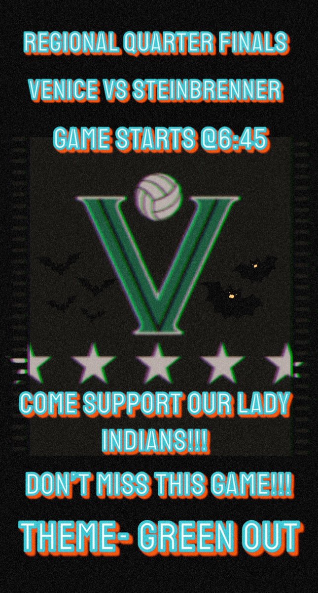 💯REGIONAL QUARTER FINALS💯
⭐️VENICE VS STEINBRENNER⭐️
⚠️GAME STARTS TONIGHT AT 6:45⚠️
‼️DONT BE LATE!!!‼️
💥Come support our lady Indians tonight and show some school spirit!💥
💚THEME-GREEN OUT💚
<a href="/VHSVolleyball/">Coach Brian Wheatley</a> <a href="/VJPortell/">Vinnie Portell</a> <a href="/VHSIndianSports/">Venice HS Athletics</a>