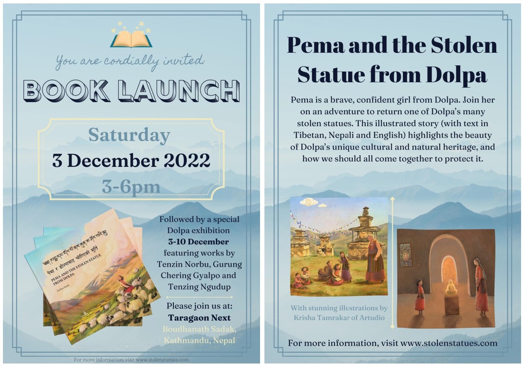 I am so very proud to announce the launch of our storybook titled 'Pema and the Stolen Statue from Dolpa' on 3 Dec 2022 in Kathmandu @TaragaonMuseum, followed by an exhibition of amazing Dolpa artists - for more info see stolenstatues.com #returnthegods #repatriation #Dolpa