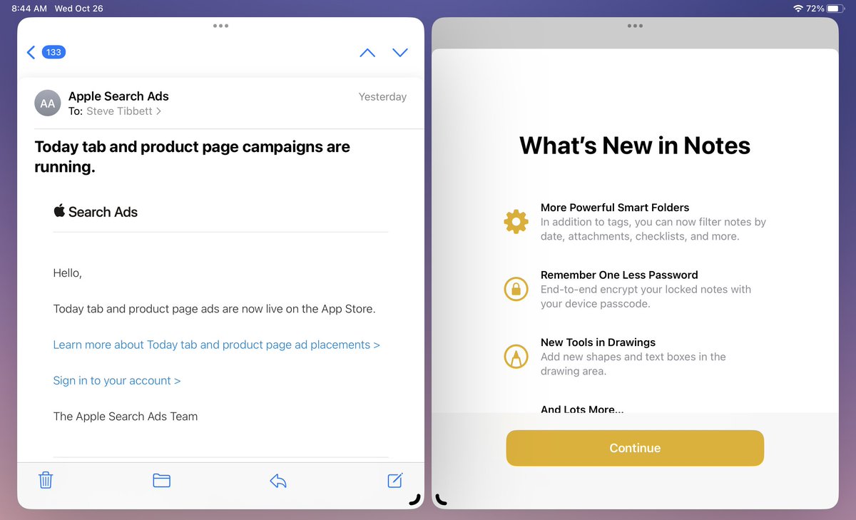 stevex's tweet image. Two good things about stage manager: I can place Mail in landscape where I can reach the trash button with my thumb, and I can play a portrait-only game with the device in landscape.
