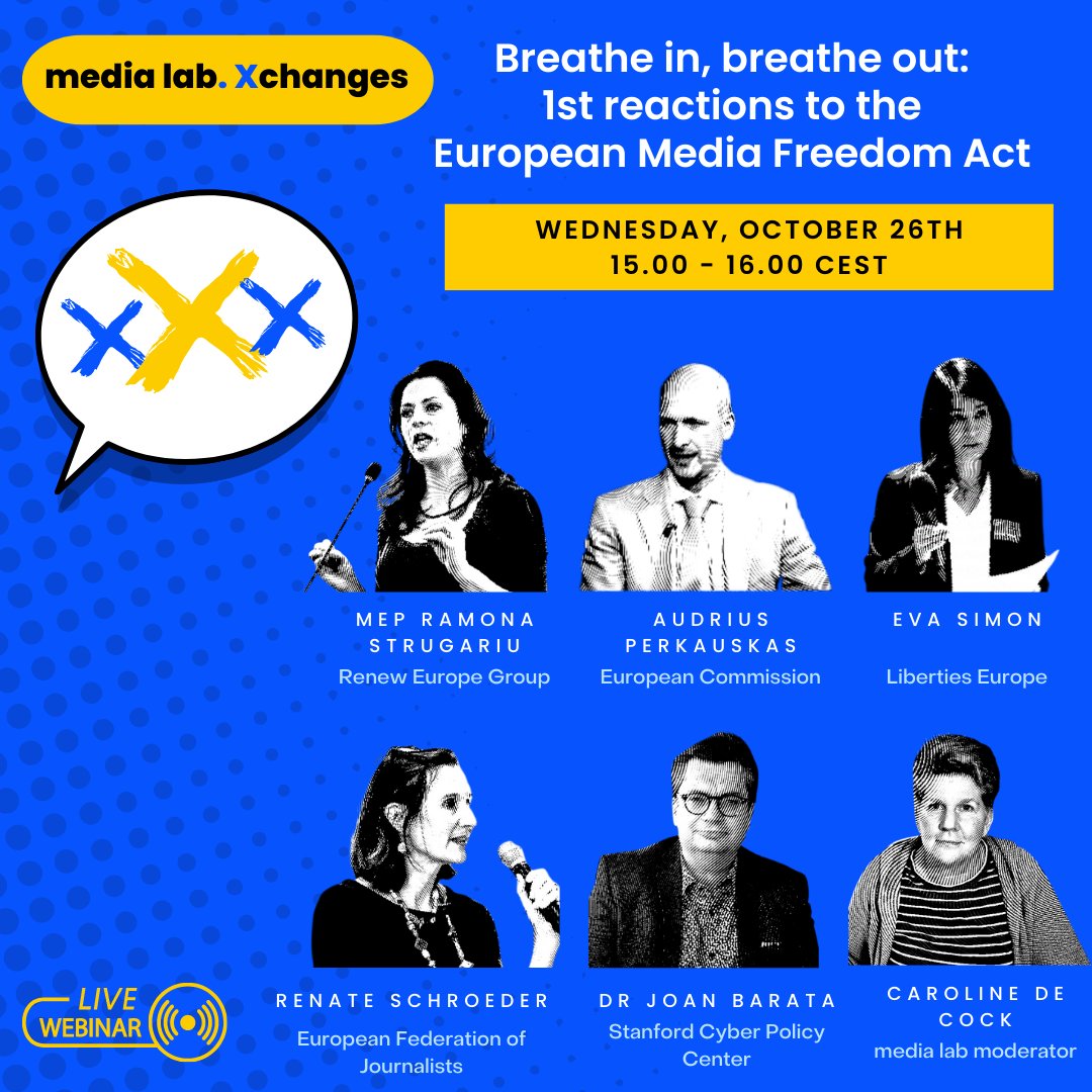 the_info_labs's tweet photo. 🔊 STARTING NOW ❗
📺 #MediaLabXchange #MediaFreedomAct webinar
Round 1️⃣ : Breathe in – what #EMFA element made you sigh with relief?
Our panelists 🔽
💠 MEP @RamonaStrugariu
💠 @APerkauskas
💠 @evasimon
💠 @renatemargot
💠 @JoanBarata
https://t.co/uiJ6nuUEcm
#MediaFreedom https://t.co/ZH2wKNwyM3