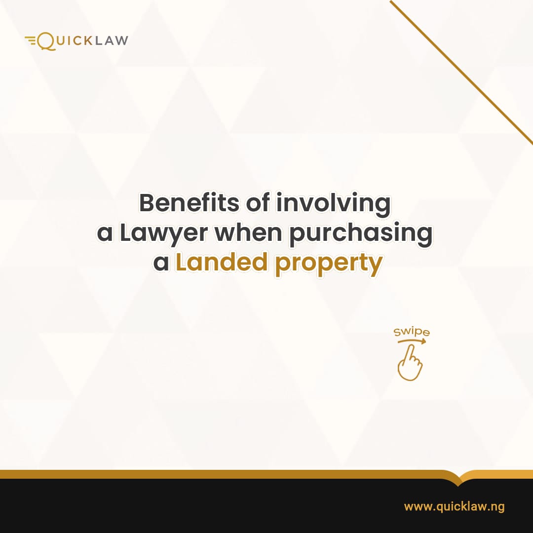 quicklaw_ng's tweet photo. You never want to leave a lawyer out of your landed property purchase.
This ensures you have no stone unturned, and no blind spots in your purchase process.
Get access to quick, easy and affordable legal services on https://t.co/LnUKeUzxq8
#quicklaw #legaltech https://t.co/coNnoFcuZo