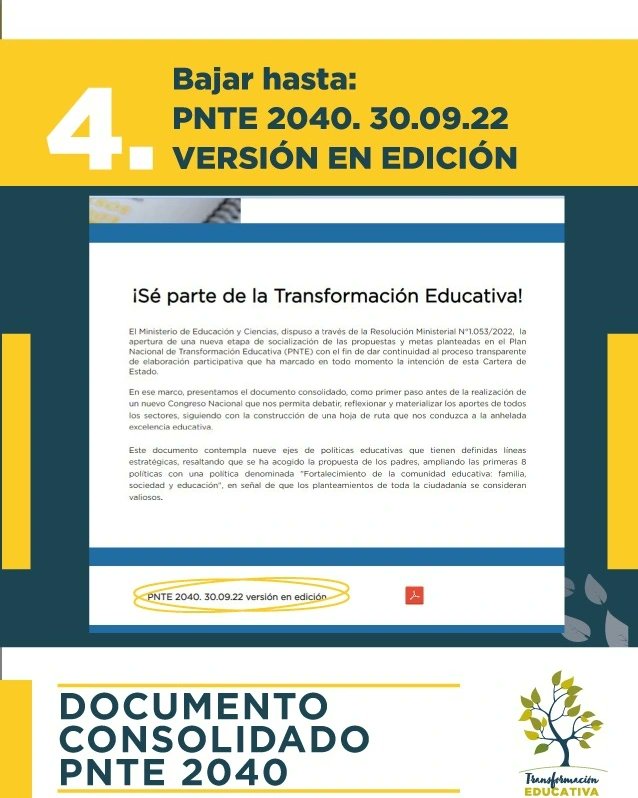 🔸¿Querés saber más sobre el documento consolidado del Plan Nacional de Transformación Educativa 2040?

👉🏻 Te contamos como descargarlo y te recordamos que el periodo de aportes y consultas sigue abierto hasta el 30/04/23.

📍Visitá transformacioneducativa.edu.py y seguí los pasos.
