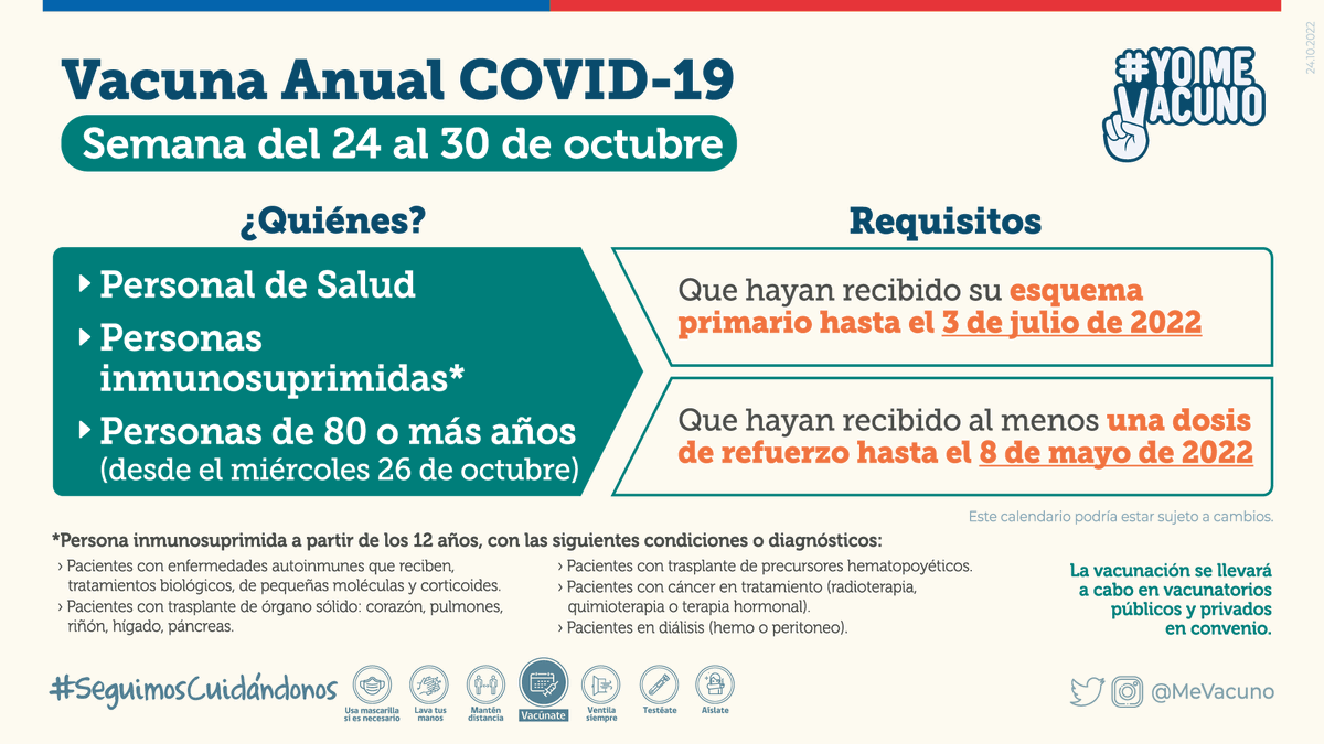 ✅ HOY comienza la Vacunación Anual #COVID_19 para mayores de 80 años. No olvides que también puede inocularse el personal de salud y las personas inmunosuprimidas. 

📆 Revisa el calendario de vacunación aquí 👇