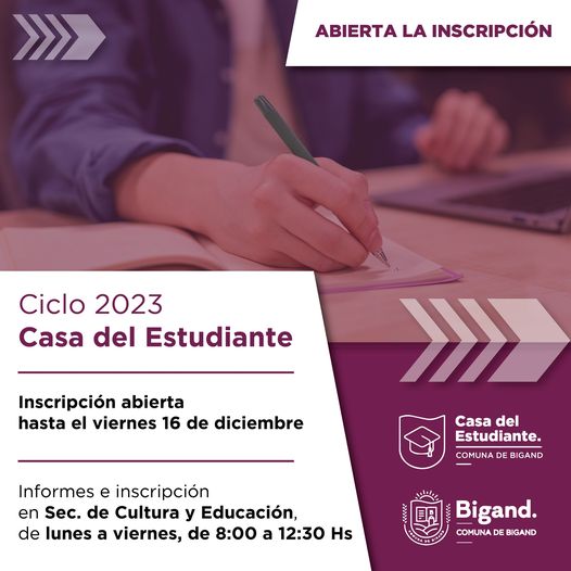 ComunadeBigand's tweet photo. CASA DEL ESTUDIANTE 2023 🏠📖📚
📌 Ya se encuentra abierta la inscripción para el CICLO 2023 de la CASA DEL ESTUDIANTE. Recordamos que las residencias estudiantiles están ubicadas en la ciudad de Rosario.
⚠️ Cierre de la inscripción: viernes 16 de diciembre. https://t.co/czISo3rLXD