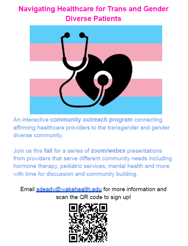 Join us tomorrow night, Thursday October 27th, for Program Manager Katherine Croft's presentation on gender-affirming surgical care in collaboration with Wake Forest University!
