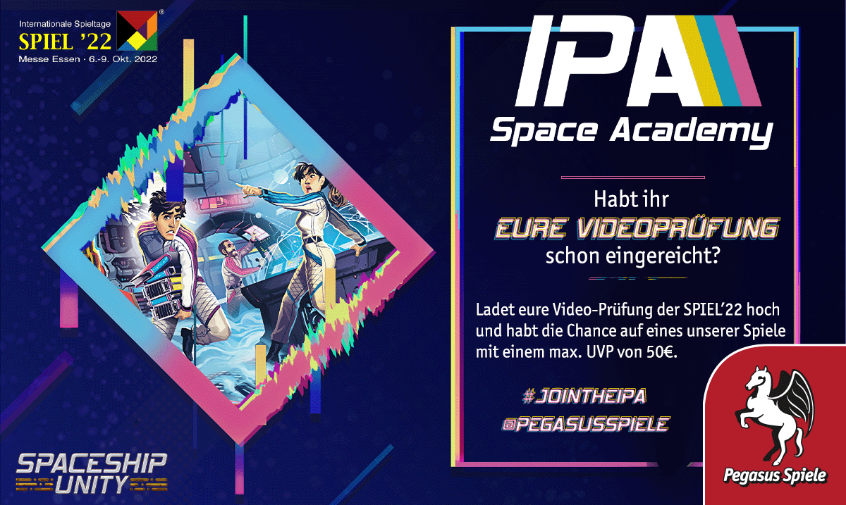 pegasusspiele's tweet photo. Werdet Teil der IPA! #jointheipa
Vielleicht habt ihr es schon gemacht, aber wenn nicht reicht eure Videoprüfungen der Folge 0 von SPACESHIP UNITY ein. Sichert euch damit die Chance auf eines unserer Spiele im Wert von bis zu 50€.
Es gibt keine Zeit zu verlieren! https://t.co/cp9PXnVCCj