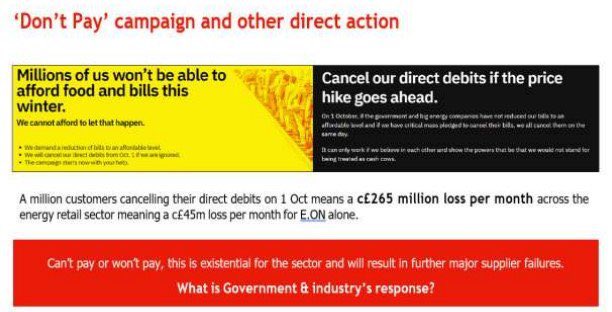 We now know that <a href="/dontpayuk/">Don't Pay.</a> strategy works. 

A short🧵 ...

Leaks from E.on confirmed the strategy works

They described the threat of a strike as an “existential threat”, and went straight to Kwasi Kwarteng, demanding he do something

Here’s one of the slides they showed him...