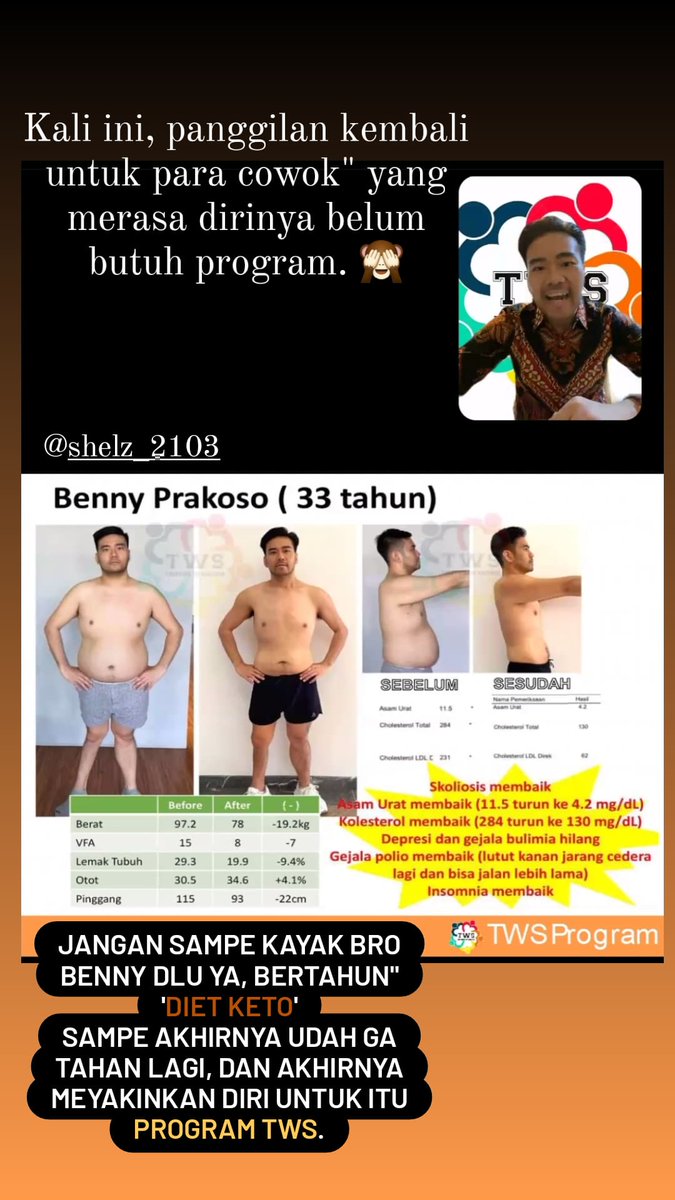 shelz_SB's tweet image. Selalu diingatkan, yang perlu dan butuh program bukan hanya perempuan, atau ibu" aja ya. Tapi banyak juga para lelaki yang sudah bertransformasi menjadi lebih sehat. Ga cuma itu, anak" ataupun orang tua juga bisa banget ikut programnya.
#programTWS #TWSprogram #diet #dietsehat