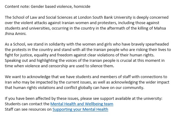 Statement of Solidarity with Women and protesters in Iran. Students can contact the Mental Health and Wellbeing team - my.lsbu.ac.uk/my/portal/Stud… Staff can see resources on Supporting your Mental Health - connect.lsbu.ac.uk/Interact/Pages…