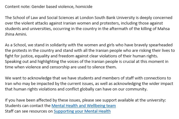 Statement of Solidarity with Women and protesters in Iran. 

Students can contact the Mental Health and Wellbeing team  - my.lsbu.ac.uk/my/portal/Stud…

Staff can see resources on Supporting your Mental Health - connect.lsbu.ac.uk/Interact/Pages…