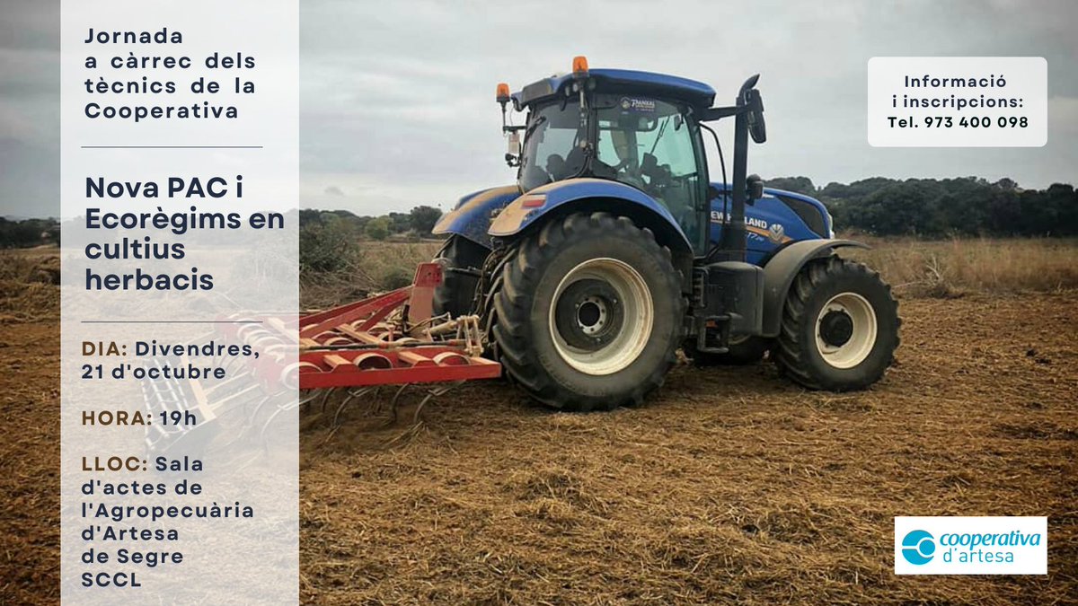 CoopArtesa's tweet photo. ℹ️Aquest proper divendres, 21 d'octubre, durem a terme la jornada tècnica "Nova PAC i Ecorègims en cultius herbacis", a la sala d'actes de @CoopArtesa 
Us esperem!!
#jornadatecnica #novaPAC #informació #formació #cooperativament https://t.co/YmnbHdu8GO