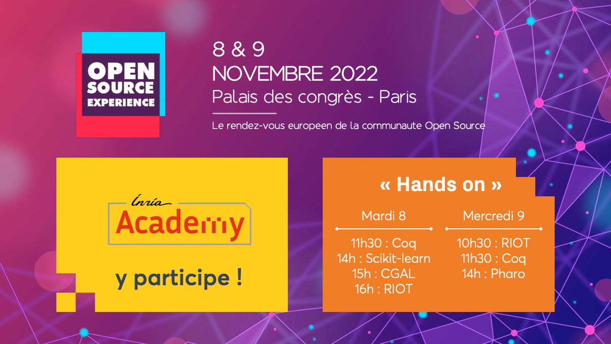 Inria Academy (@inria_academy) on Twitter photo 📢 Les 1ers "hands on" @inria_academy sur les logiciels #OpenSource <a href="/CoqLang/">The Rocq Prover</a> <a href="/scikit_learn/">scikit-learn</a> <a href="/TheCGALProject/">CGAL</a> <a href="/RIOT_OS/">RIOT</a> <a href="/pharoproject/">The Pharo Project</a> auront lieu lors d'<a href="/OSXP_Paris/">Open Source Experience</a> les 8 & 9 nov. 📅 cc <a href="/inria_sophia/">Centre Inria d'Université Côte d'Azur</a> <a href="/Inria_Saclay/">Centre Inria de Saclay</a> @inria_lille #OSXP2022
Programme à venir 🔜 inria-academy.fr 📢 Les 1ers "hands on" @inria_academy sur les logiciels #OpenSource <a href="/CoqLang/">The Rocq Prover</a> <a href="/scikit_learn/">scikit-learn</a> <a href="/TheCGALProject/">CGAL</a> <a href="/RIOT_OS/">RIOT</a> <a href="/pharoproject/">The Pharo Project</a> auront lieu lors d'<a href="/OSXP_Paris/">Open Source Experience</a> les 8 & 9 nov. 📅 cc <a href="/inria_sophia/">Centre Inria d'Université Côte d'Azur</a> <a href="/Inria_Saclay/">Centre Inria de Saclay</a> @inria_lille #OSXP2022
Programme à venir 🔜 inria-academy.fr