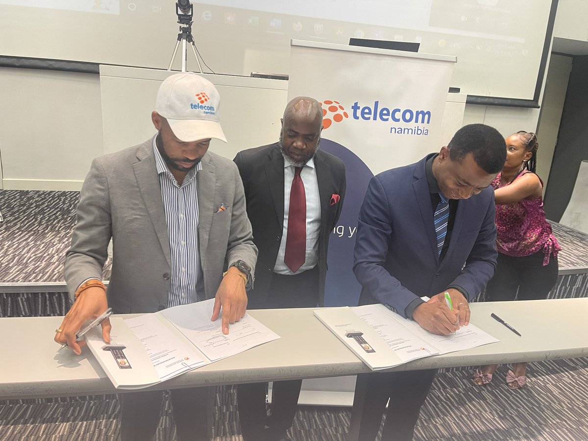 ceotelnam's tweet image. @TelecomNamibia just signed an MOU with the VC of l @NUST_Namibia Dr. Naomab, creating opportunities for #Internships &amp;amp; #Experiential learning at #TelecomNamibia and for #R&amp;amp;D in #ICT #CyberSecurity, during the #TNInnovationWeek and #Hackathon