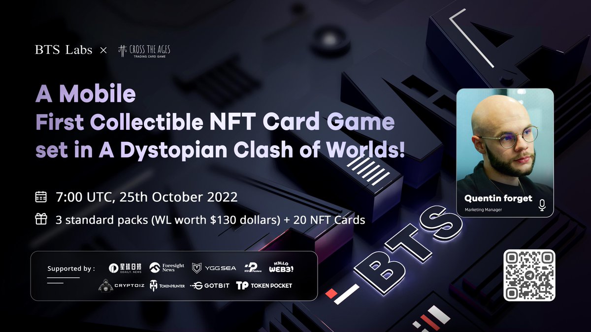 btslabs_global's tweet photo. BTS Labs #AMA session with @CrossTheAges on 25th October at 10:00 UTC in BTS Telegram https://t.co/MWRVTv5J3u

🎁Win 3*Packs of Cards &amp; 20*NFT Cards
1⃣RT &amp; Tag 3 friends
2⃣Complete Gleam: https://t.co/SLwjF1ckQ1

⏰End Time: Oct 26 https://t.co/GP9OET3rXa