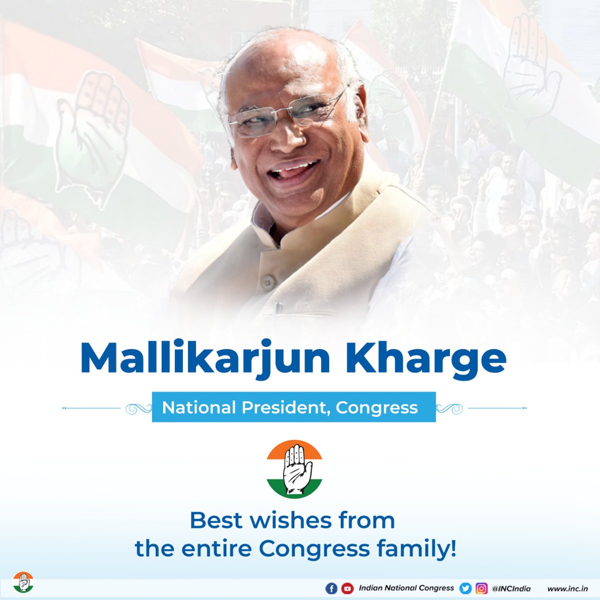 INCIndia's tweet photo. Many congratulations to Shri @kharge for being elected as the President of Indian National Congress.

Best wishes from the entire Congress family!

#CongressPresidentKharge https://t.co/PbGyNf0HRe