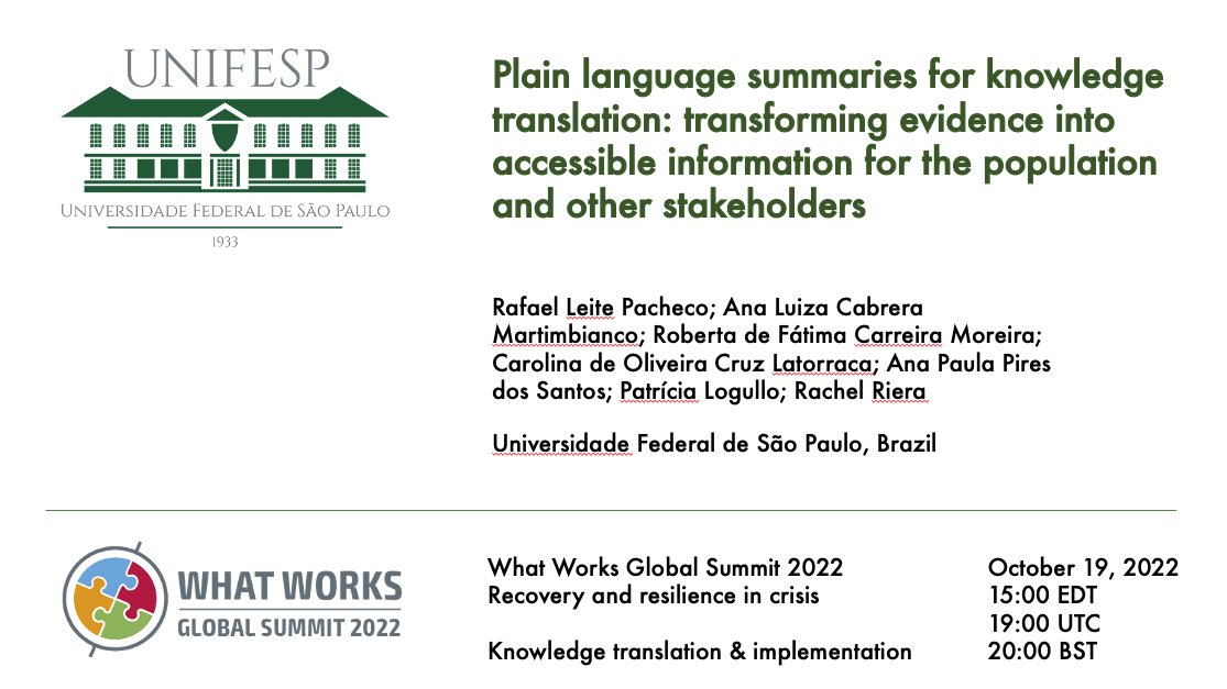 patlogullo's tweet photo. Happy to present today at #WWGS2022!

Will discuss the challenges and lessons learned in developing plain language summaries for rapid systematic reviews for the Brazilian Ministry of Health. 

@RieraRachel @rleitepacheco @AnaMartimbianco @anapaula_pires https://t.co/uPIMjVugy8