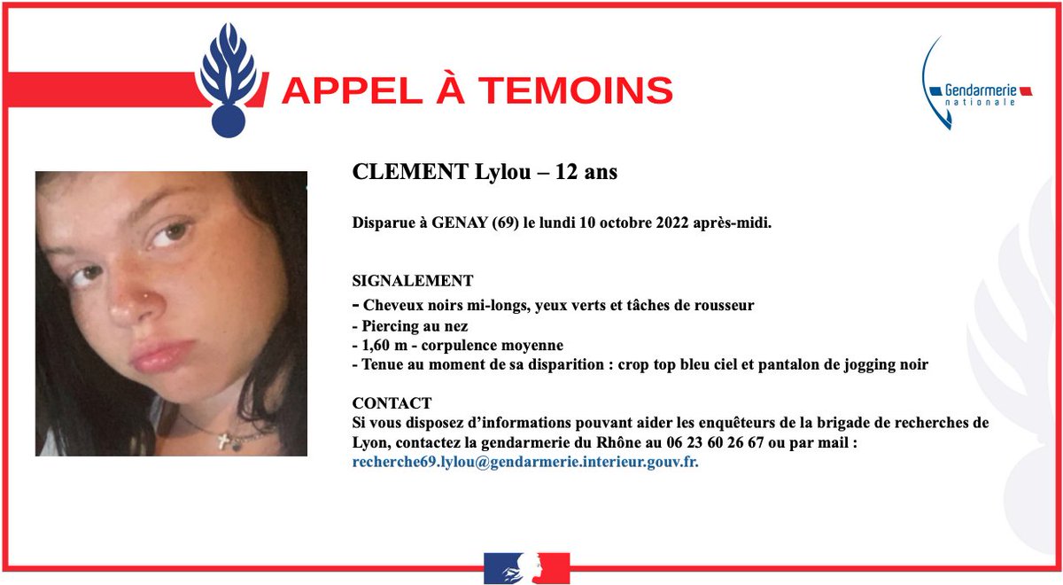 🔴 #AppelATémoins La Brigade de Recherches de #LYON recherche toutes informations susceptibles d'aider les enquêteurs dans le cadre d'une disparition inquiétante à #GENAY dans le #Rhône le lundi 10 octobre 2022 après-midi.
☎️ Merci de contacter les enquêteurs au 06.23.60.26.67