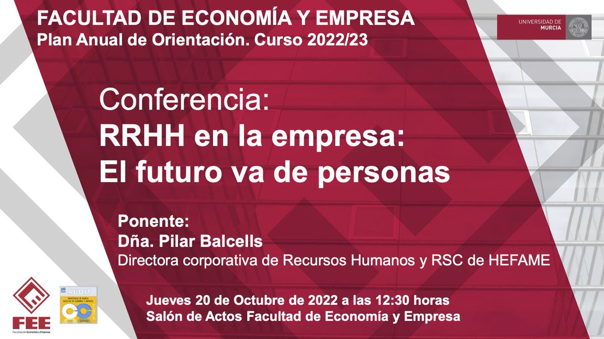 Conferencia: 
"RRHH en la empresa: El futuro va de personas" 

Ponente:
Dña. Pilar Balcells
Directora corporativa de Recursos Humanos y RSC de @GrupoHEFAME_es

Jueves 20 de Octubre de 2022 a las 12:30 horas

Salón de Actos <a href="/EconomicasUMU/">Facultad de Economía y Empresa UMU</a> <a href="/umu/">Universidad Murcia</a>
