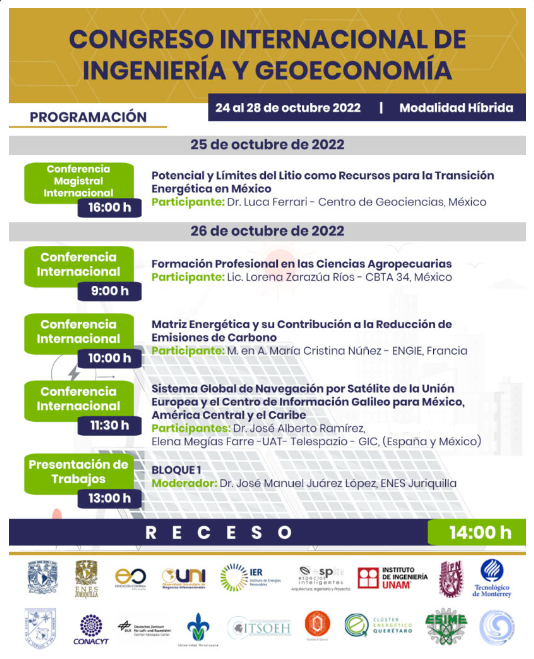 📢El GIC estará presente en el Congreso Internacional de Ingeniería y Geoeconomía. El Dr. José Alberto Ramirez presentará el centro y los servicios que ofrece. Ing. Elena Megias, coordinadora del centro, hablará sobre Galileo el sistema global de navegación por satélite.