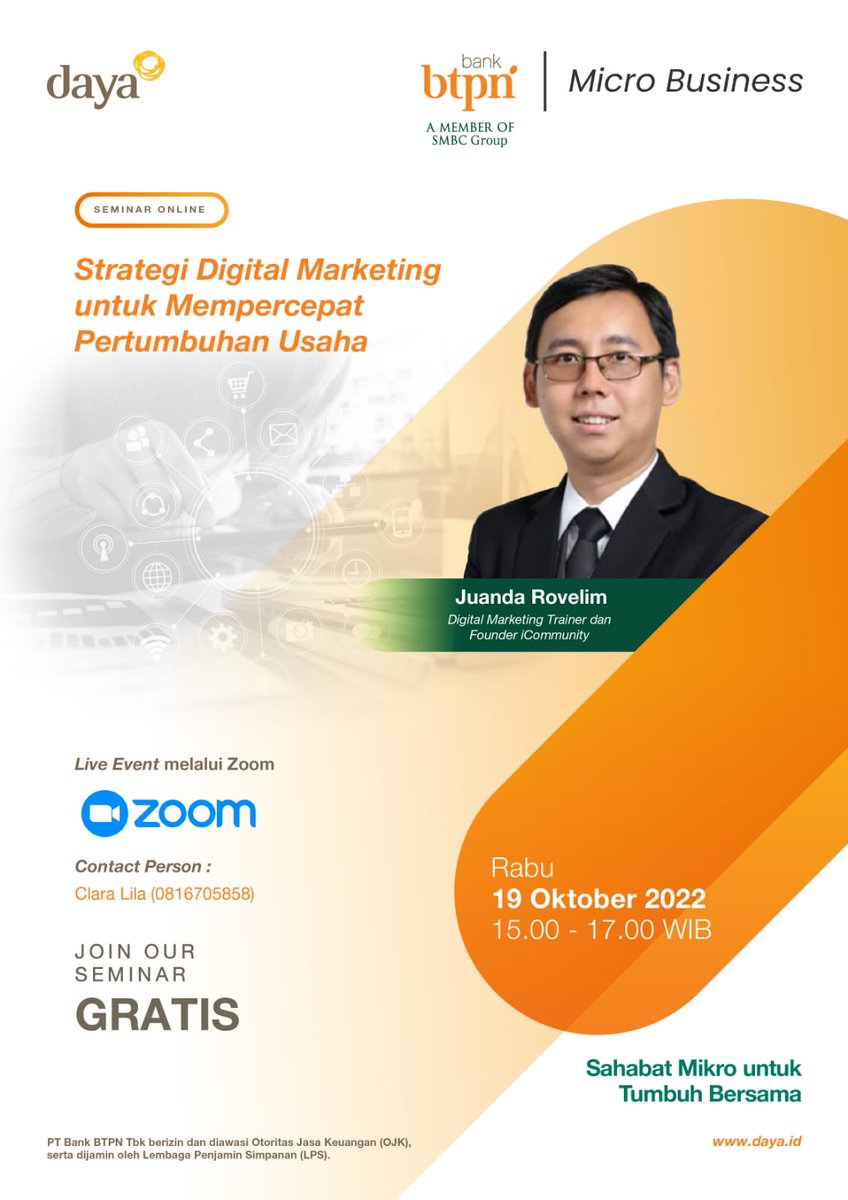 Join Webinarnya Gratis, tambah ilmu untuk kembangkan usaha. Join sekarang yuk (19 Okt 22 - 15.00-17.00 WIB) l zoom.us/j/97833882359 passcode: Daya