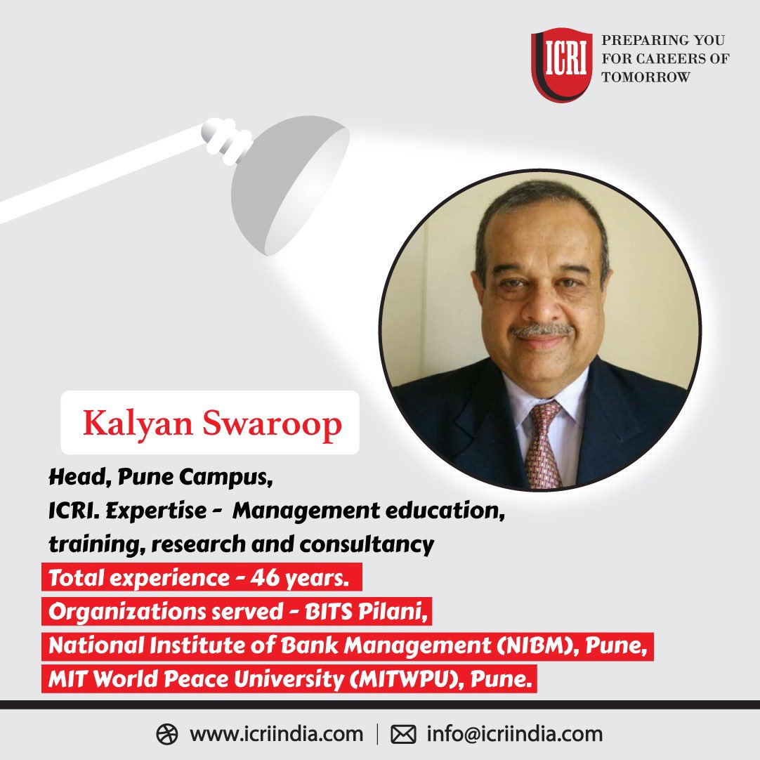 #FacultySpotlight

Dr Kalyan Swaroop

Head, Pune Campus, ICRI

Expertise -  Management education, training, research and consultancy 

Total experience - 46 years. 

Organizations served - BITS Pilani, National Institute of Bank Management (NIBM), Pune, MIT World Peace University