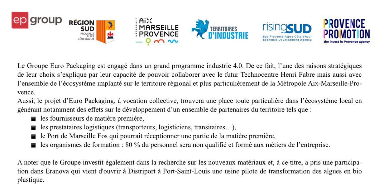 [ÉCONOMIE] Une très bonne nouvelle pour tout notre territoire et @Ville_PSL , EURO PACKAGING GROUP choisit @MaRegionSud et @AMPMetropole pour installer sur DISTRIPORT son unité de façonnage d’emballages en papier. Ensemble, plus fort 💪💪💪 m.facebook.com/story.php?stor…