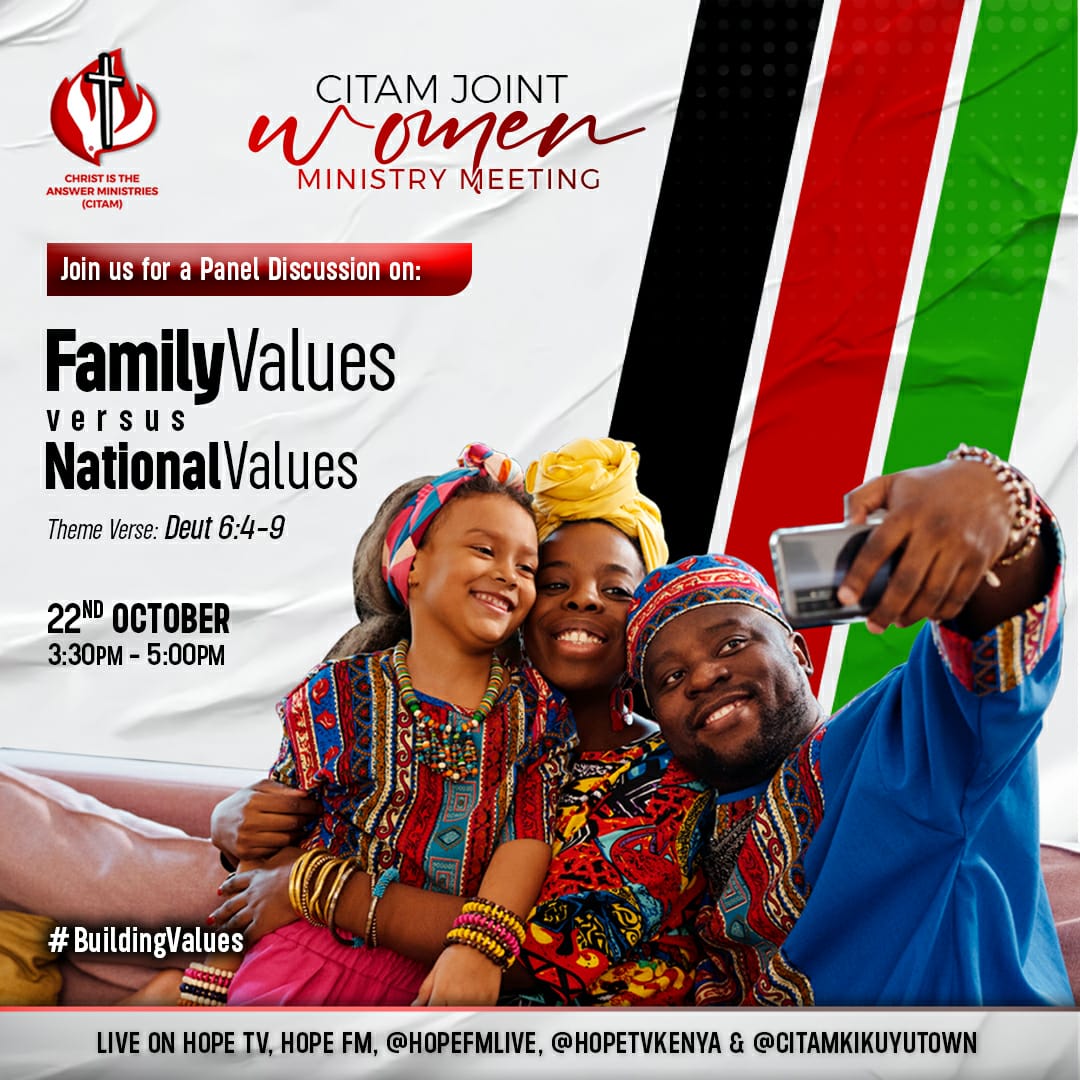 HopeTV_KE's tweet photo. The CITAM Joint Women's Ministry meeting is here!
This Saturday, 22nd October from 3:30pm will be talking about matters 'Family Values vs National Values'
See you then!
#BuildingValues https://t.co/CmViGwYknu