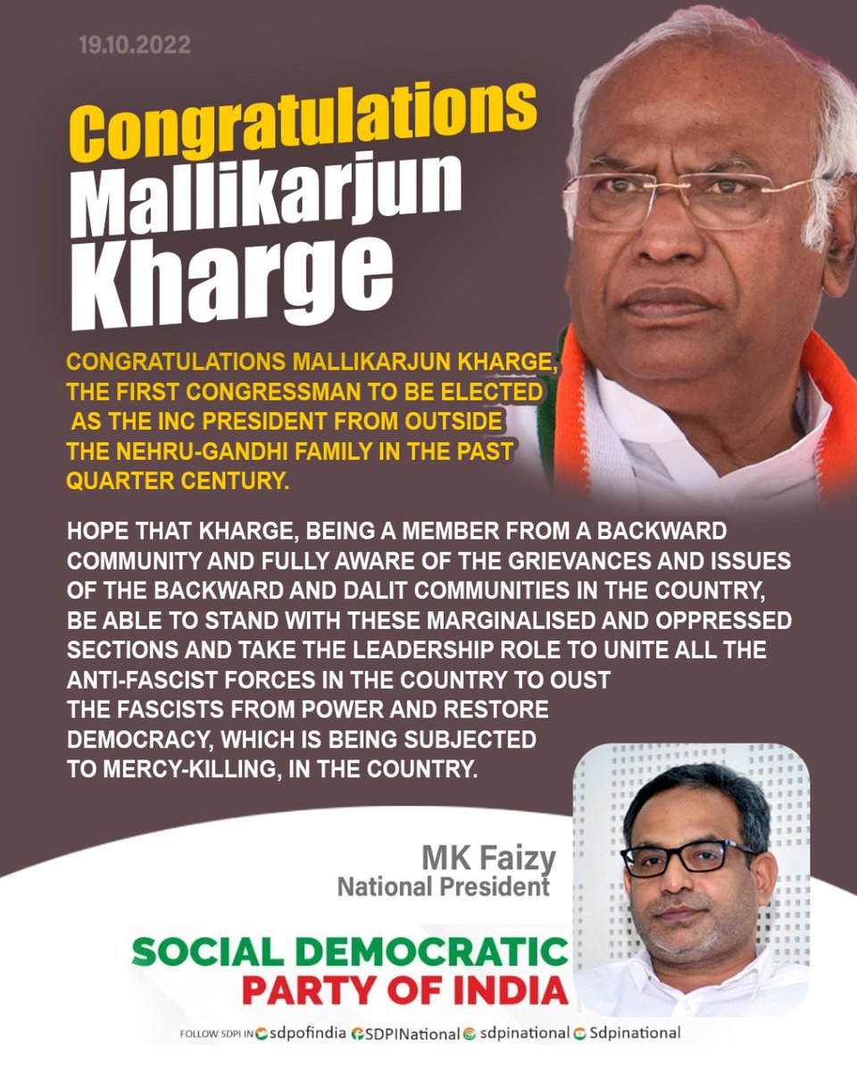 Congratulations Mallikarjun Kharge, the first congressman to be elected as the INC president from outside the Nehru-Gandhi family in the past quarter century!!!