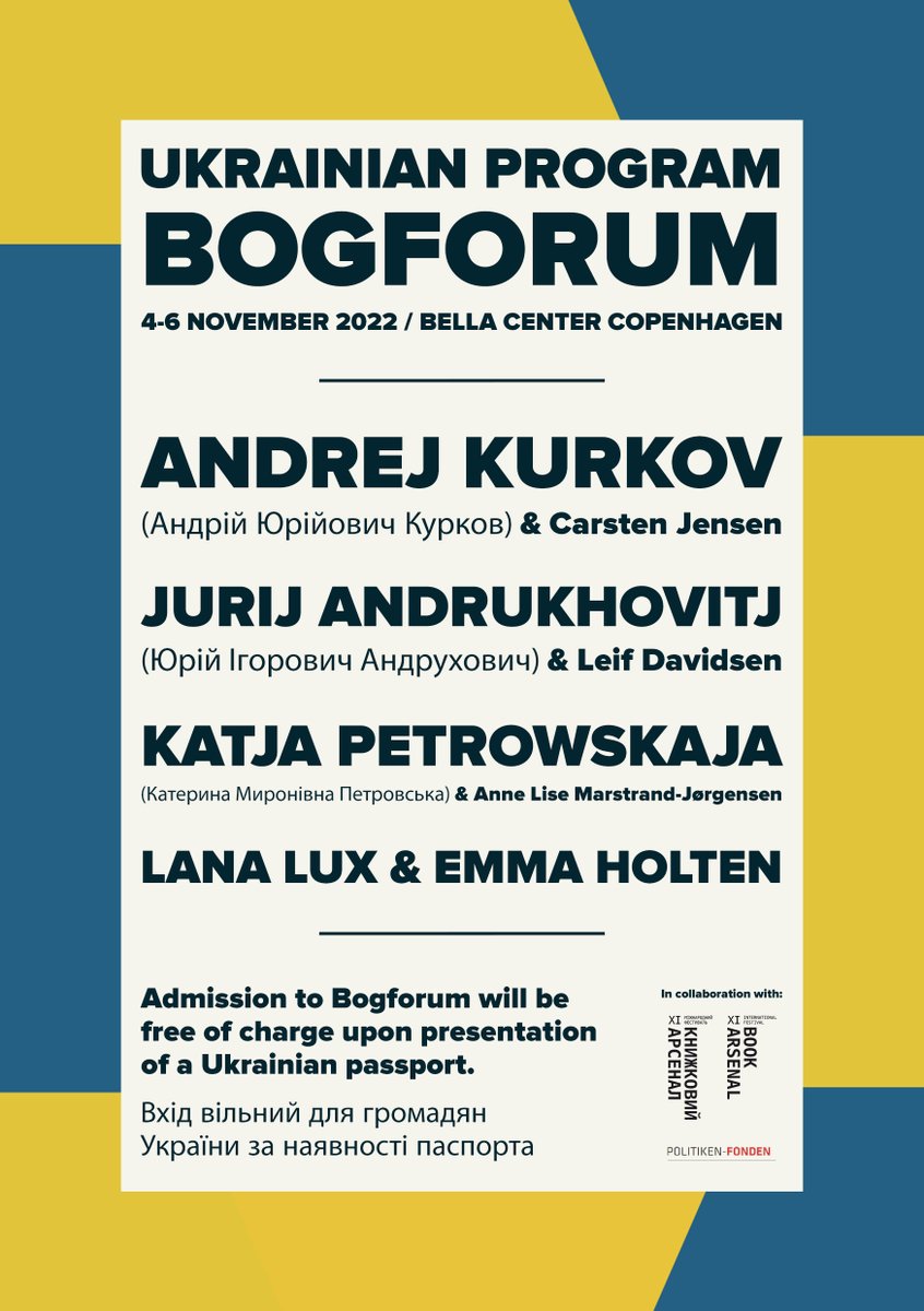 Til @Bogforum er der lavet et helt særskilt Ukraine-program med flere af de største ukrainske forfattere. Programmet er blevet til i samarbejde med den 🇺🇦bogfestival @bookarsenal fra Kyiv. Gratis adgang ved fremvisning af 🇺🇦 pas. En lille🧵om de forskellige  🇺🇦 forfattere🤓 1/