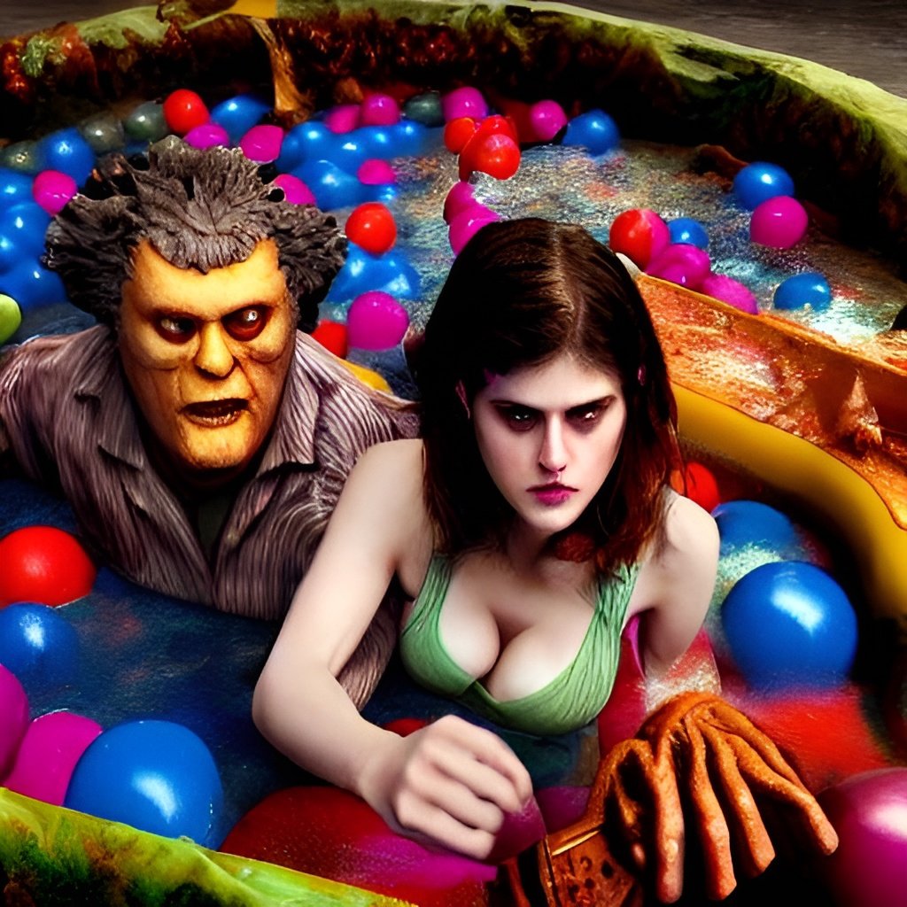 HingeThunder's tweet photo. As it's the spooky season, in honour of texas chainsaw I had an ai art generator render Alexandra Daddario &amp; Leatherface in a ball pit. @AADaddario #horror #halloween #aiartcommunity https://t.co/tKJG42Vo5m