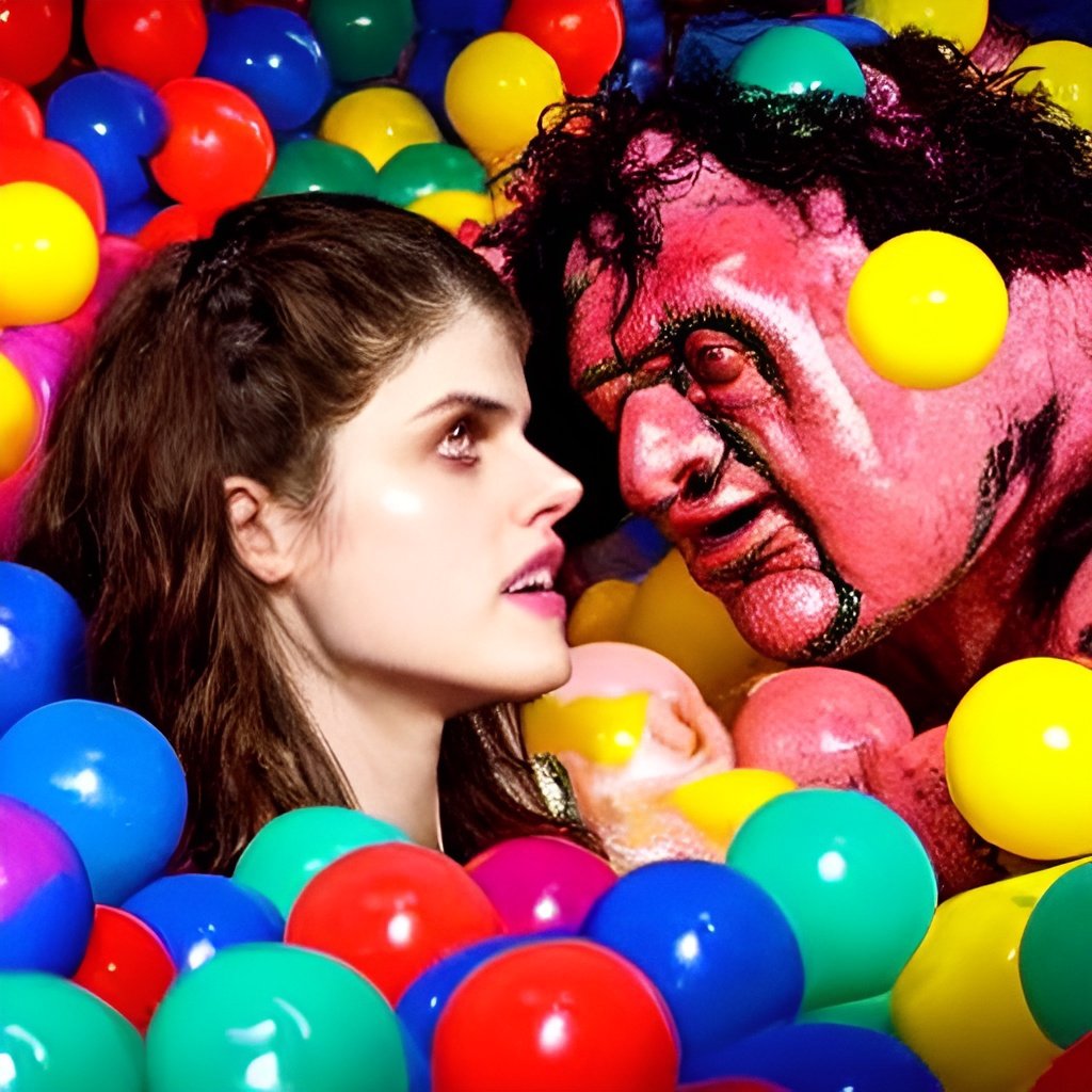 HingeThunder's tweet photo. As it's the spooky season, in honour of texas chainsaw I had an ai art generator render Alexandra Daddario &amp; Leatherface in a ball pit. @AADaddario #horror #halloween #aiartcommunity https://t.co/tKJG42Vo5m