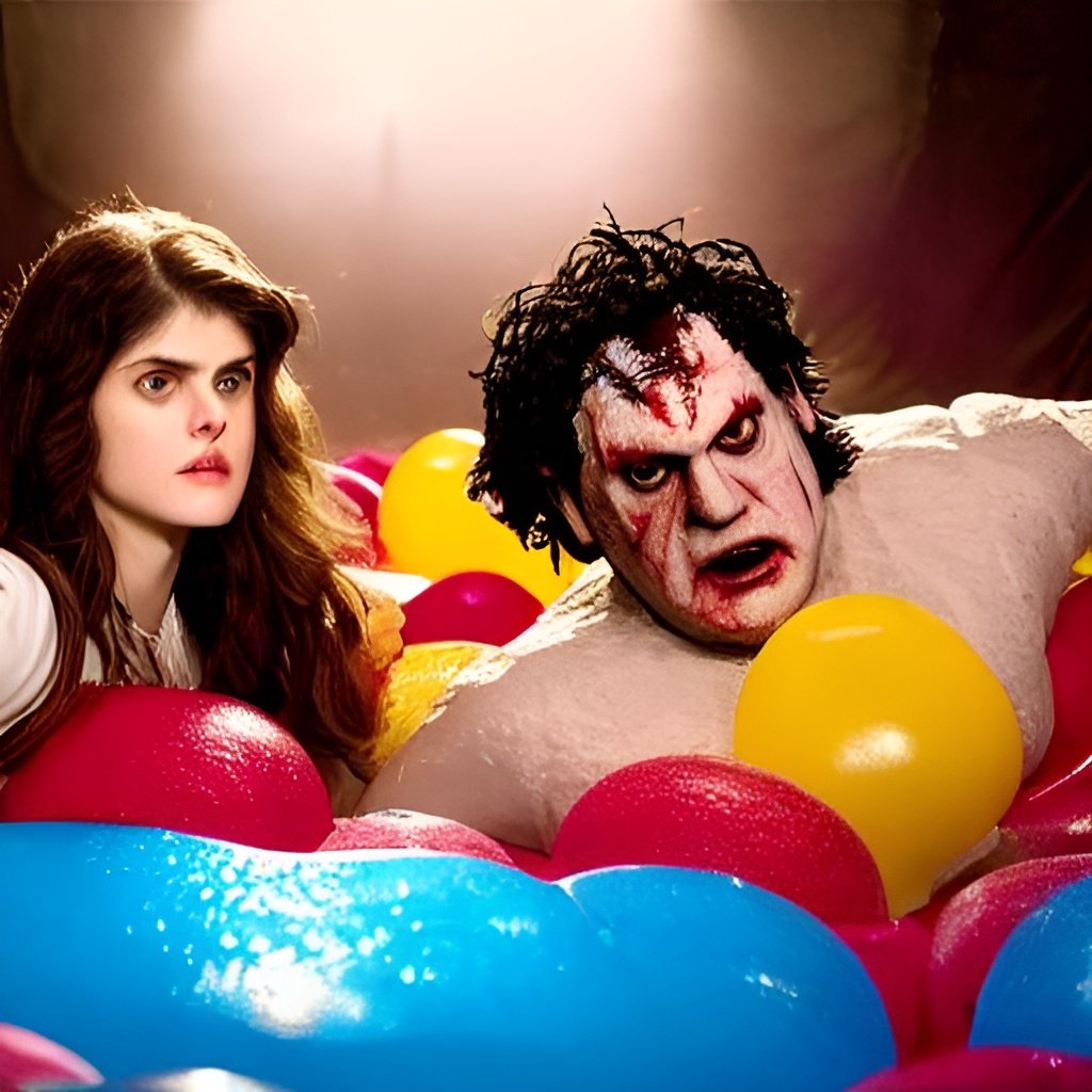 HingeThunder's tweet photo. As it's the spooky season, in honour of texas chainsaw I had an ai art generator render Alexandra Daddario &amp; Leatherface in a ball pit. @AADaddario #horror #halloween #aiartcommunity https://t.co/tKJG42Vo5m