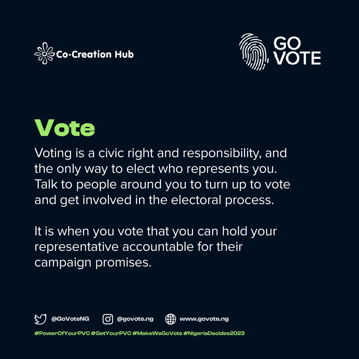 GovoteNg's tweet photo. Vote for a better Nigeria
#GetYourPVC Nigerians and get ready to #Vote
#Get5VotingPartners
#MAKEWEGOVOTE https://t.co/ybFABKa1oo