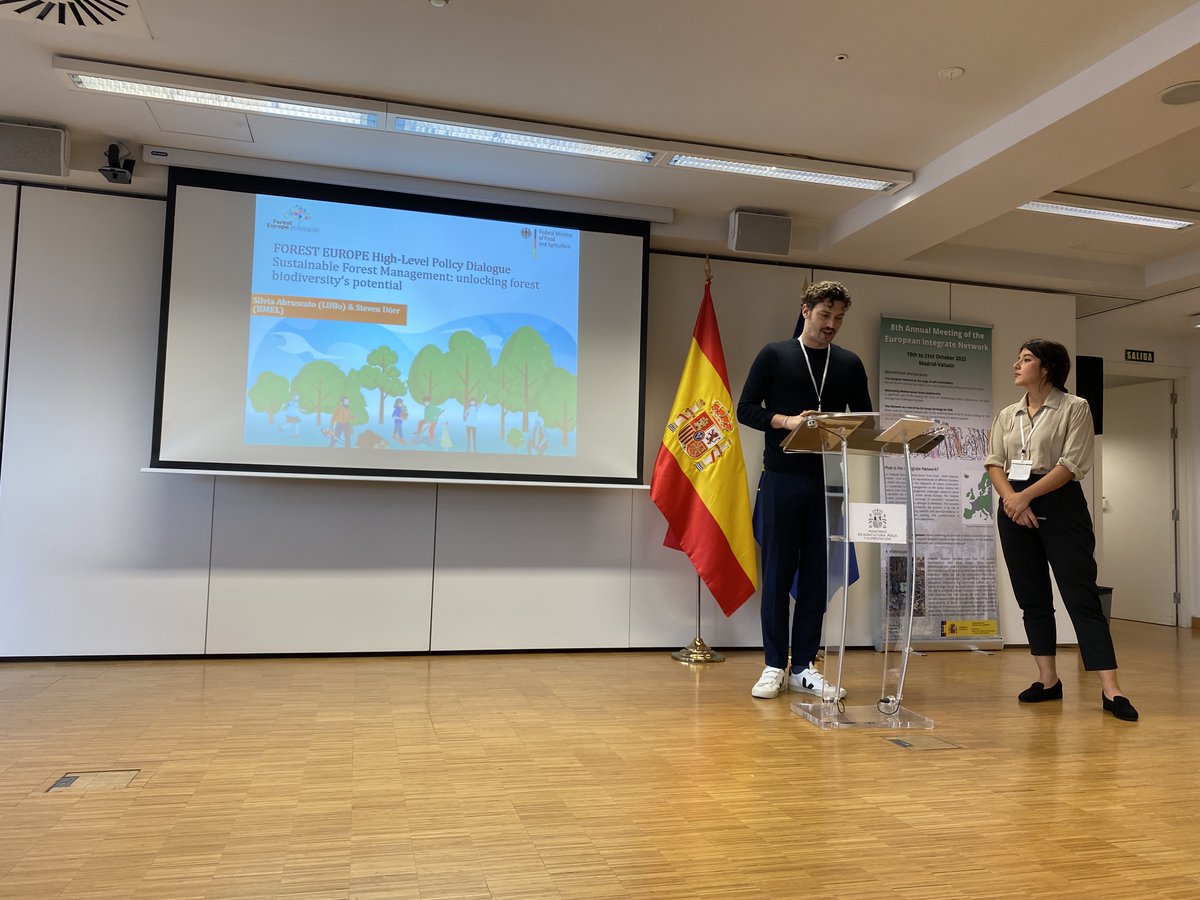 FORESTEUROPE's tweet photo. Today in Madrid, we share our experience of the #FORESTEUROPETalks with the #IntegrateNetwork. 

@SilviaAbruscato &amp; Steven Dörr (@bmel) present the key messages, a policy brief on forest #biodiversity in Europe, and the Ministerial decision to support #forests in 🇺🇦 https://t.co/XdQWJKUnaJ
