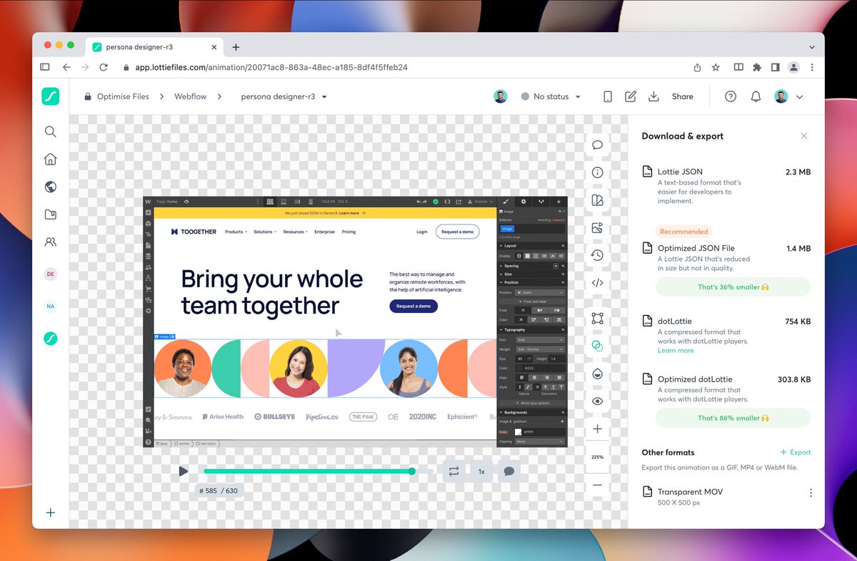 reallynattu's tweet photo. @LottieFiles Let's try some popular websites that use Lottie today. 

https://t.co/GxlKq86TRQ use dotLottie (a superset of Lottie format) to display its interface demos on the homepage.

@LottieFiles' new optimizer was able to bring the total 11 animations down to 73%! https://t.co/ClzNR0AdiE