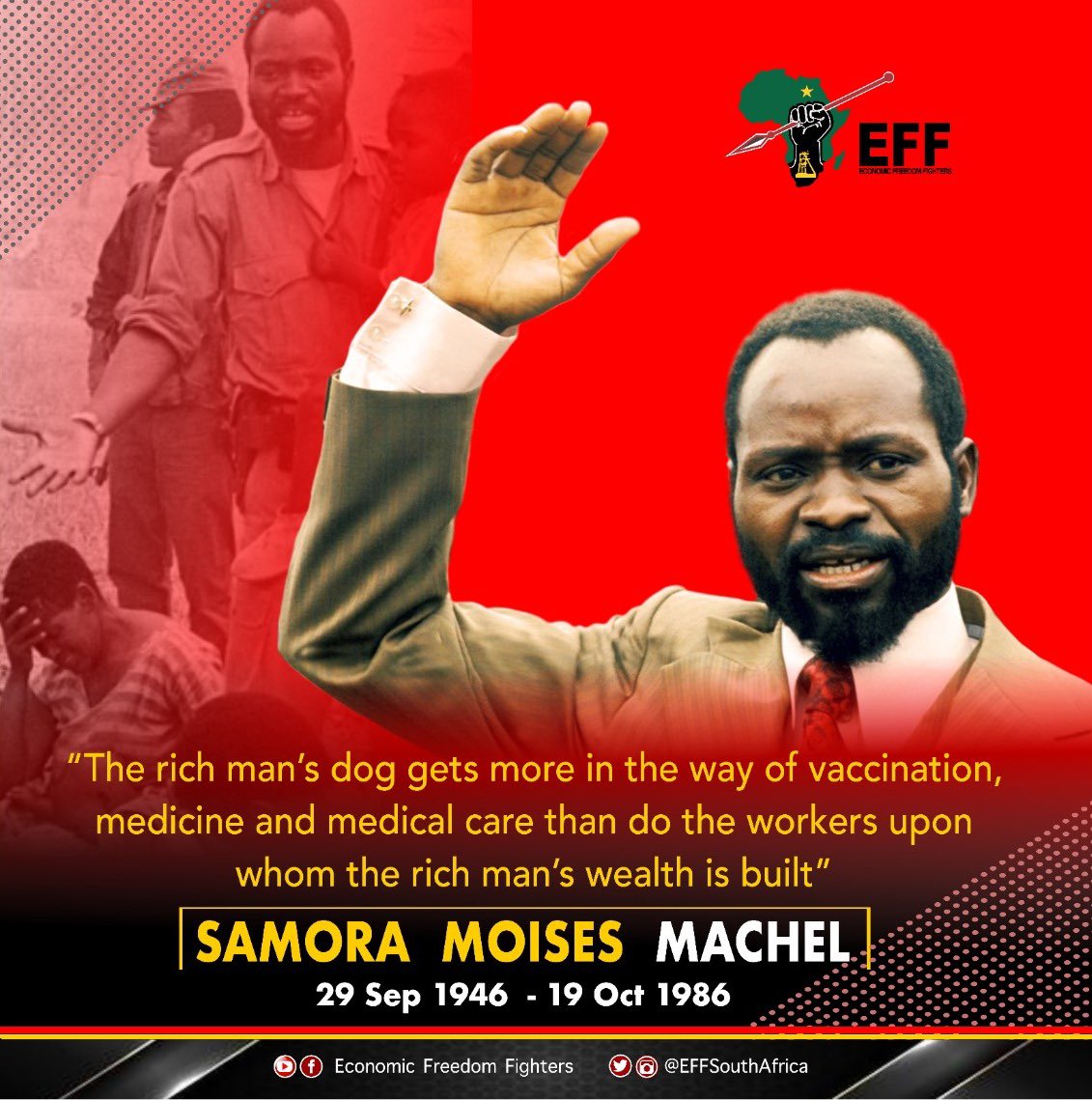 EFFSouthAfrica's tweet photo. EFF salutes the Revolutionary Marxist-Leninist - President Samora Moises Machel whose Government took over on 25/06/1975 after defeating the Portuguese terrorists who invaded Mozambique. 

He was killed in a highly political suspicious plane crash on 19/10/1986.

Aluta Continua https://t.co/vsTinFmitT