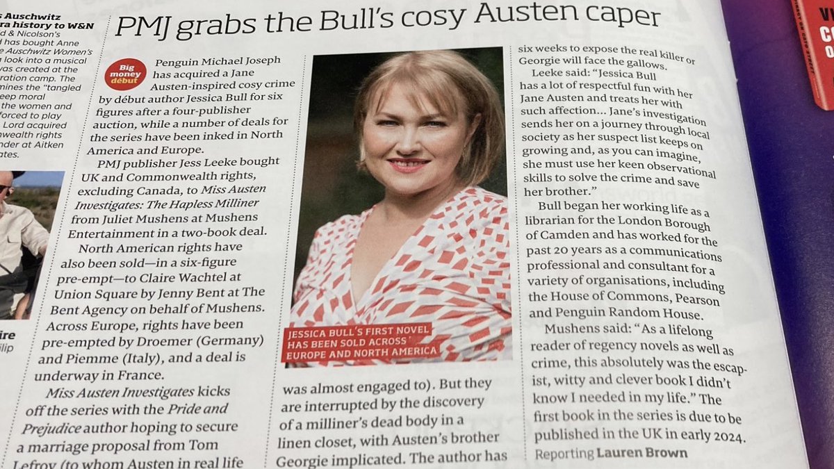 NovelistJessica's tweet photo. And the news is out! I’m deliriously happy to share I’m working with @JessicaLeeke @MichaelJBooks to bring you the 1st in my #JaneAusten murder mystery series, #MissAustenInvestigates: The Hapless Milliner, in 2024. TVM to super ⭐️ @mushens & the incredible #TeamMushens #FBF2022 https://t.co/eiuJHcCnWU