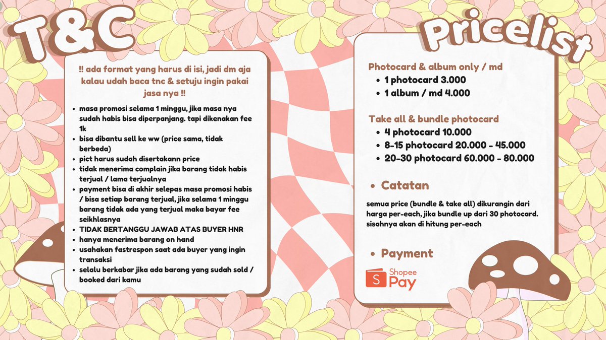 [help rt ya]

hallooww~ aku open jasa jual / promosi pc, md, album bg nct, enhypen, treasure only and all gg lagi nih~ read tnc before dm ! and do mt after dm yawww #zonauang #zonaba