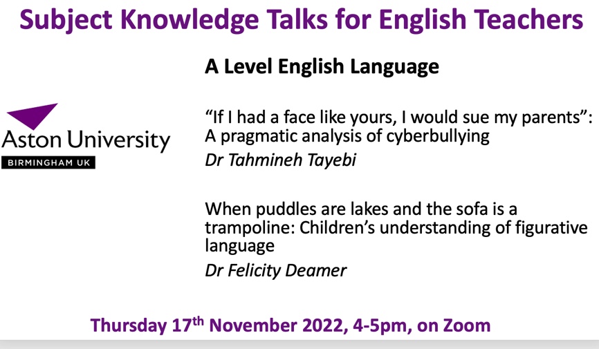 Dr Megan Mansworth (@meganmansworth) on Twitter photo A Level English Language teachers: we have an exciting online CPD event <a href="/EnglishAston/">English at Aston University</a> at 4pm on 17th Nov! Two fascinating talks from academics <a href="/tahmineh_tayebi/">Dr Tahmineh Tayebi</a> and <a href="/felicity_deamer/">Felicity Deamer</a> on topics linked to the A Level Lang curriculum
Sign up here โฌ๏ธ
eventbrite.co.uk/e/teacher-subjโฆ A Level English Language teachers: we have an exciting online CPD event <a href="/EnglishAston/">English at Aston University</a> at 4pm on 17th Nov! Two fascinating talks from academics <a href="/tahmineh_tayebi/">Dr Tahmineh Tayebi</a> and <a href="/felicity_deamer/">Felicity Deamer</a> on topics linked to the A Level Lang curriculum
Sign up here โฌ๏ธ
eventbrite.co.uk/e/teacher-subjโฆ