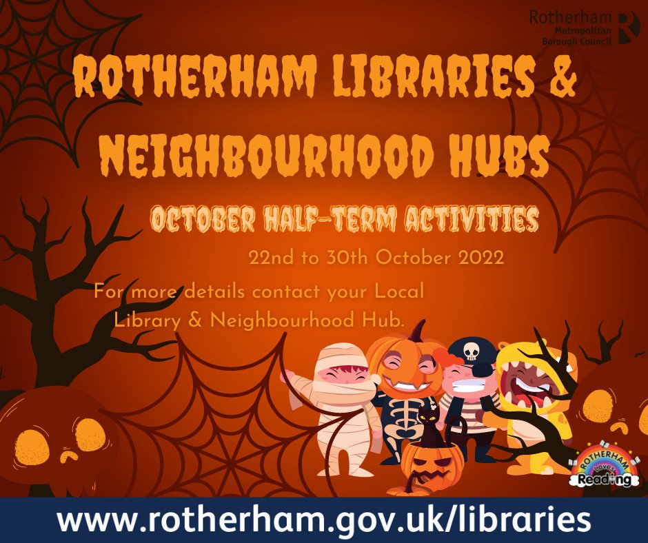 Rotherham Libraries and Neighbourhood Hubs have lots of activities planned over the half-term break.  Contact your local Library &amp; Neighbourhood Hub to find out more.
rotherham.gov.uk/libraries
#LoveYourLibrary #RotherhamLovesReading